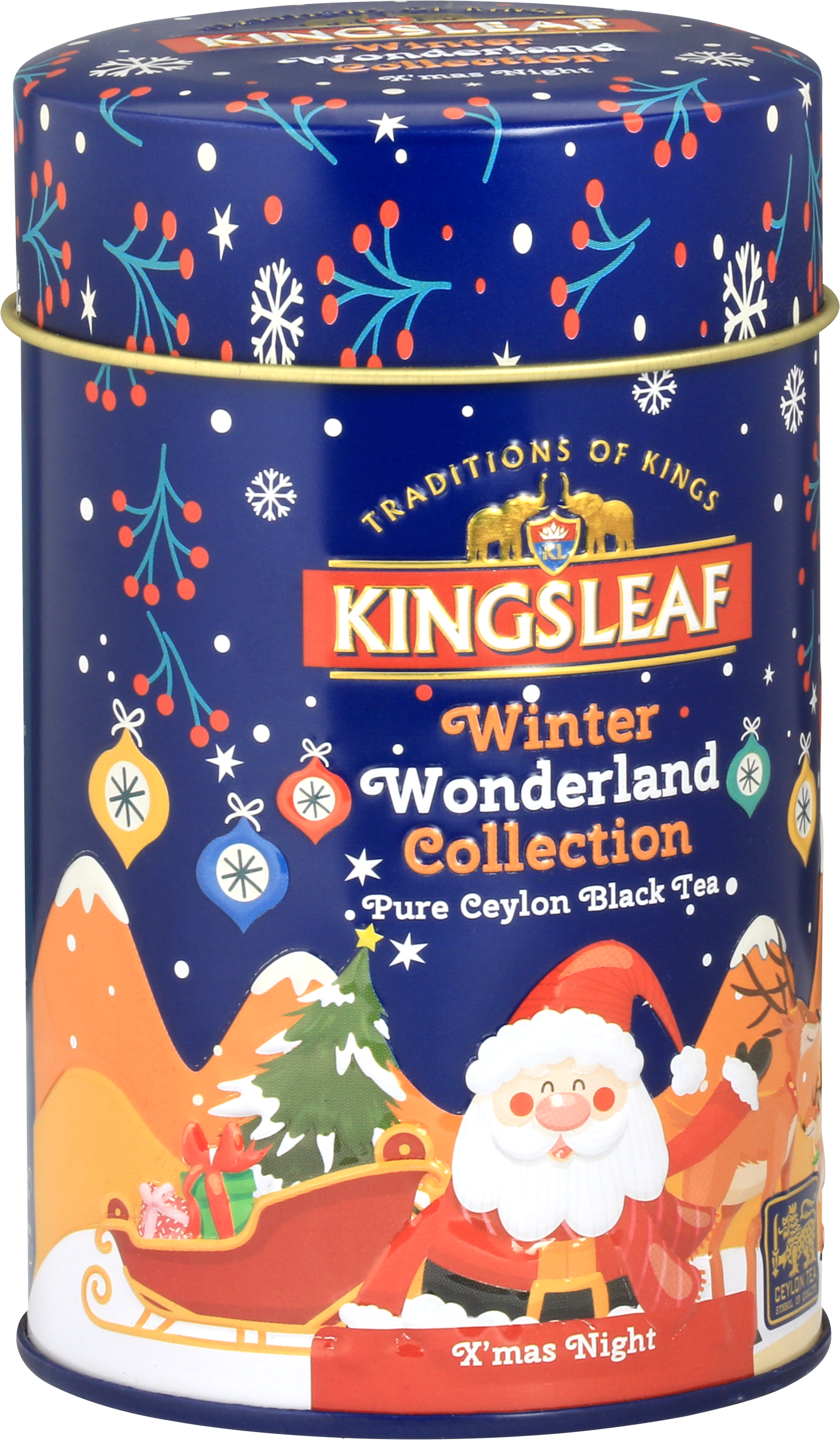 Metalowa puszka Kingsleaf X’Mas Night z zimowym wzorem, reniferami i prezentami – herbata czarna premium.