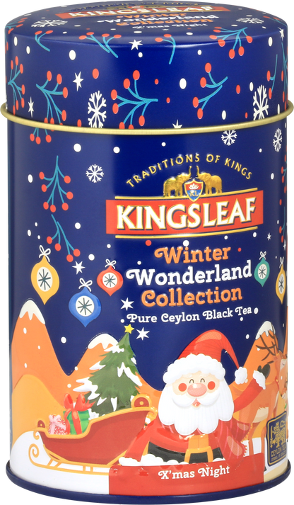 Metalowa puszka Kingsleaf X’Mas Night z zimowym wzorem, reniferami i prezentami – herbata czarna premium.