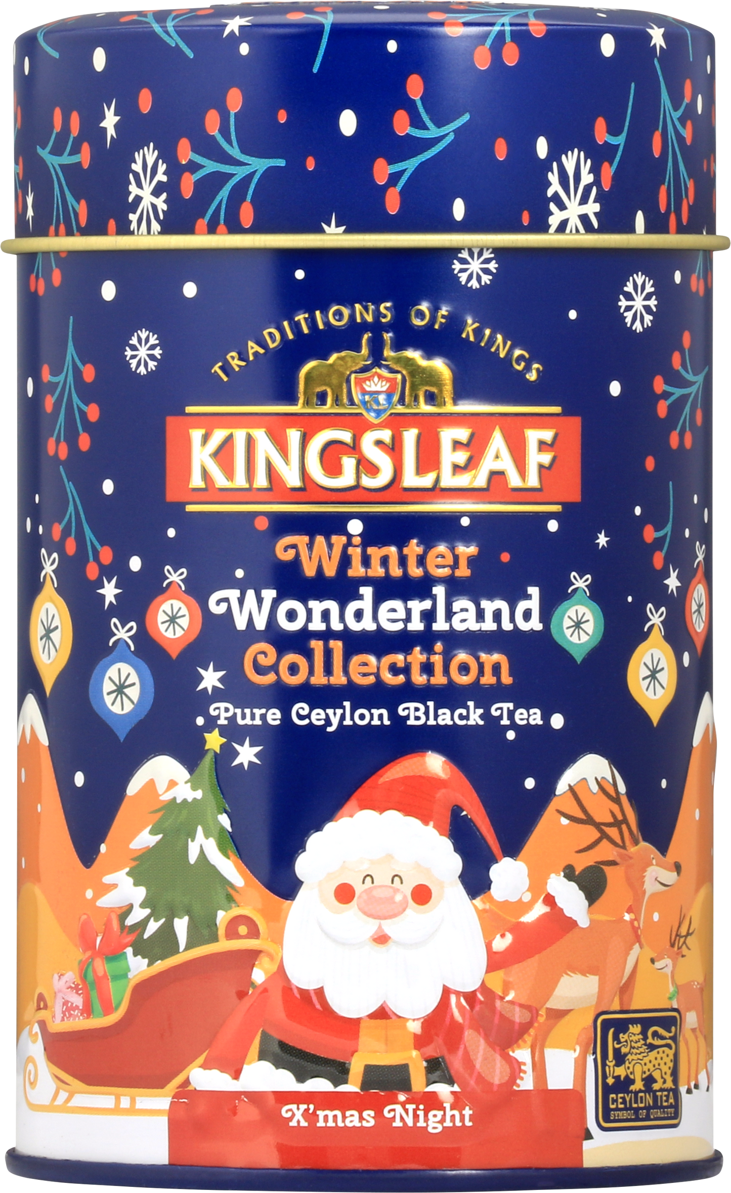 Świąteczna puszka herbaty Kingsleaf X’Mas Night z motywem Mikołaja i reniferów – czarna herbata cejlońska.