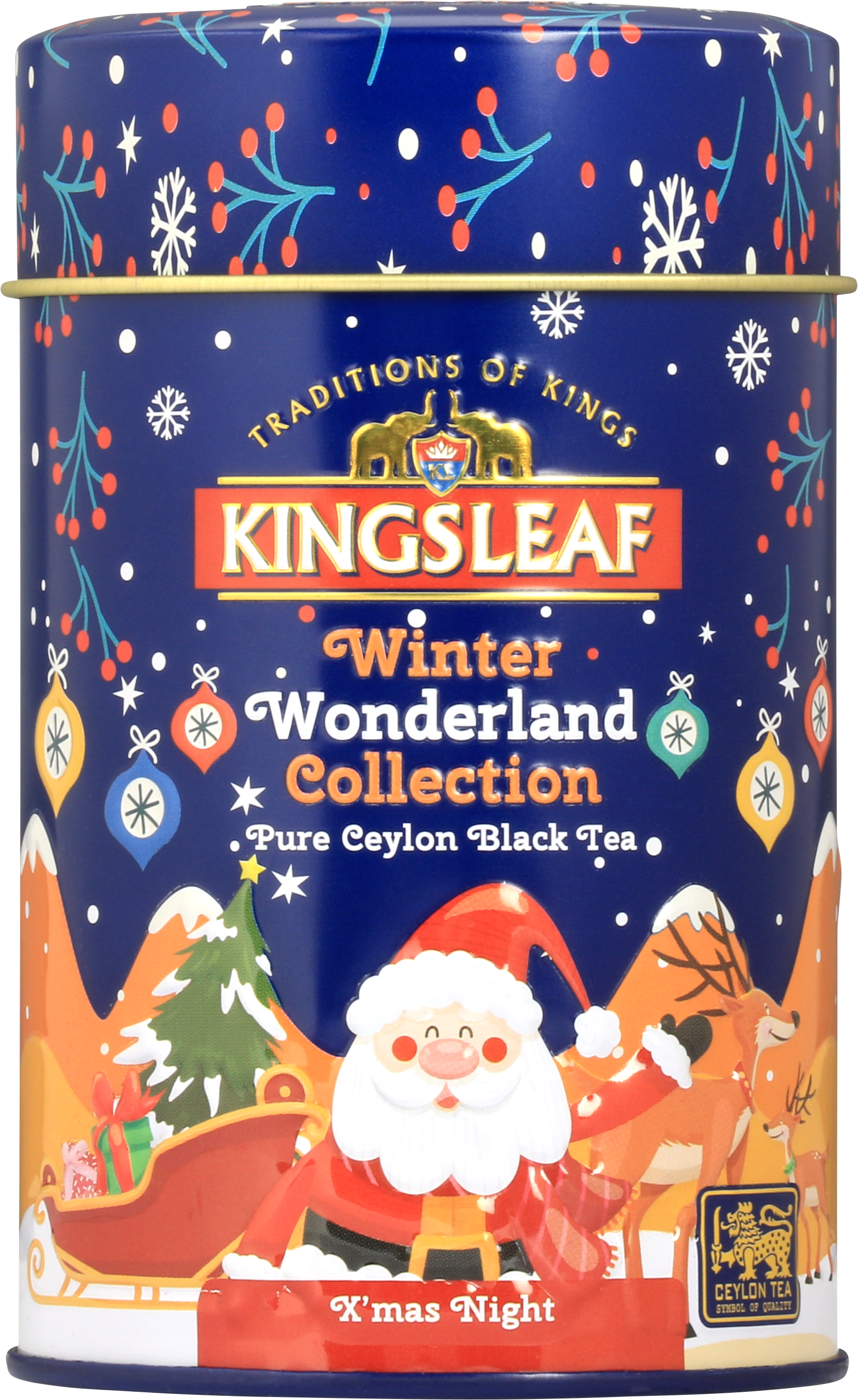 Świąteczna puszka herbaty Kingsleaf X’Mas Night z motywem Mikołaja i reniferów – czarna herbata cejlońska.