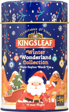 Świąteczna puszka herbaty Kingsleaf X’Mas Night z motywem Mikołaja i reniferów – czarna herbata cejlońska.