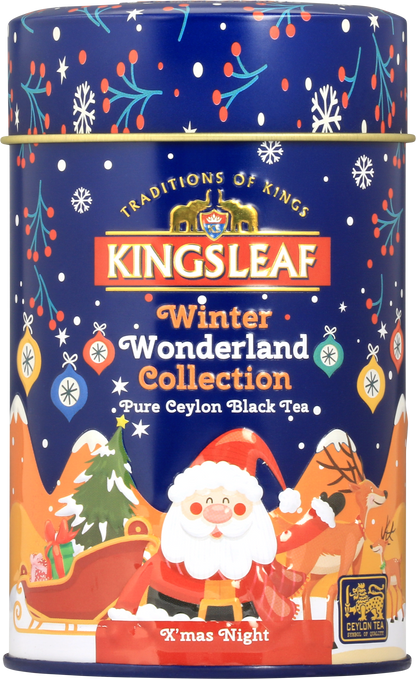Świąteczna puszka herbaty Kingsleaf X’Mas Night z motywem Mikołaja i reniferów – czarna herbata cejlońska.