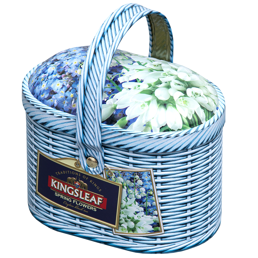 Ozdobna puszka Kingsleaf Spring Flowers z herbatą czarną liściastą i kwiatowym wzorem na wieczku.