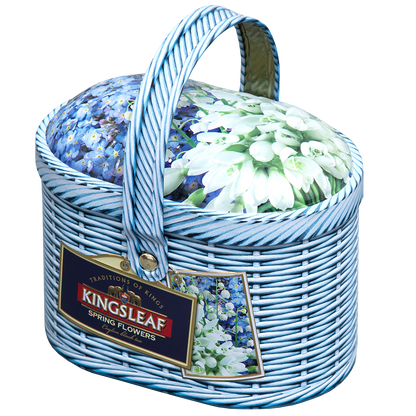 Ozdobna puszka Kingsleaf Spring Flowers z herbatą czarną liściastą i kwiatowym wzorem na wieczku.