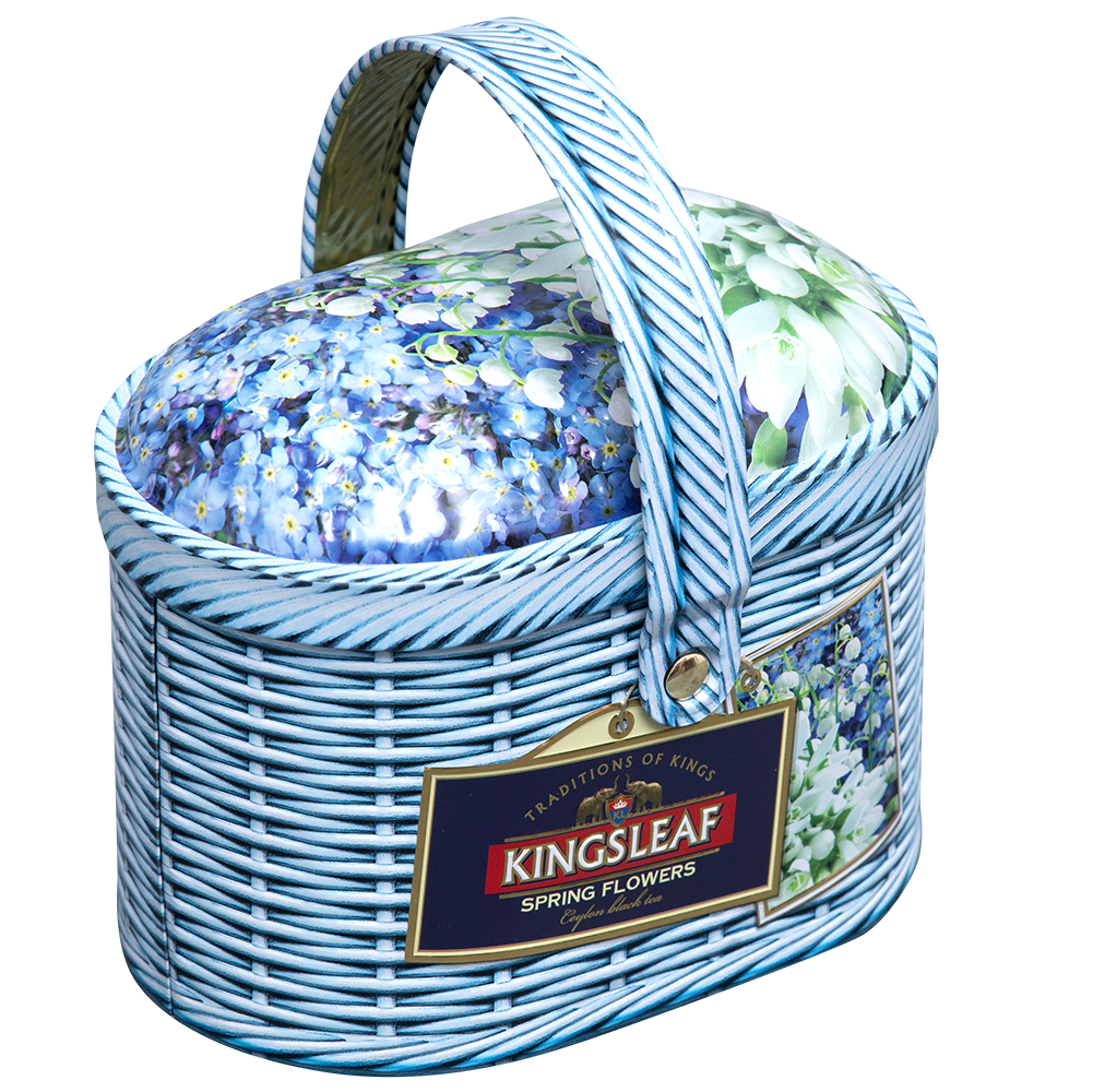 Herbata czarna Kingsleaf Spring Flowers 100 g w dekoracyjnej puszce w kształcie wiklinowego koszyczka z motywem kwiatów.