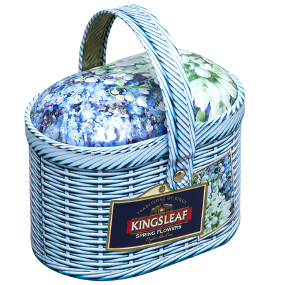 Herbata czarna Kingsleaf Spring Flowers 100 g w dekoracyjnej puszce w kształcie wiklinowego koszyczka z motywem kwiatów.
