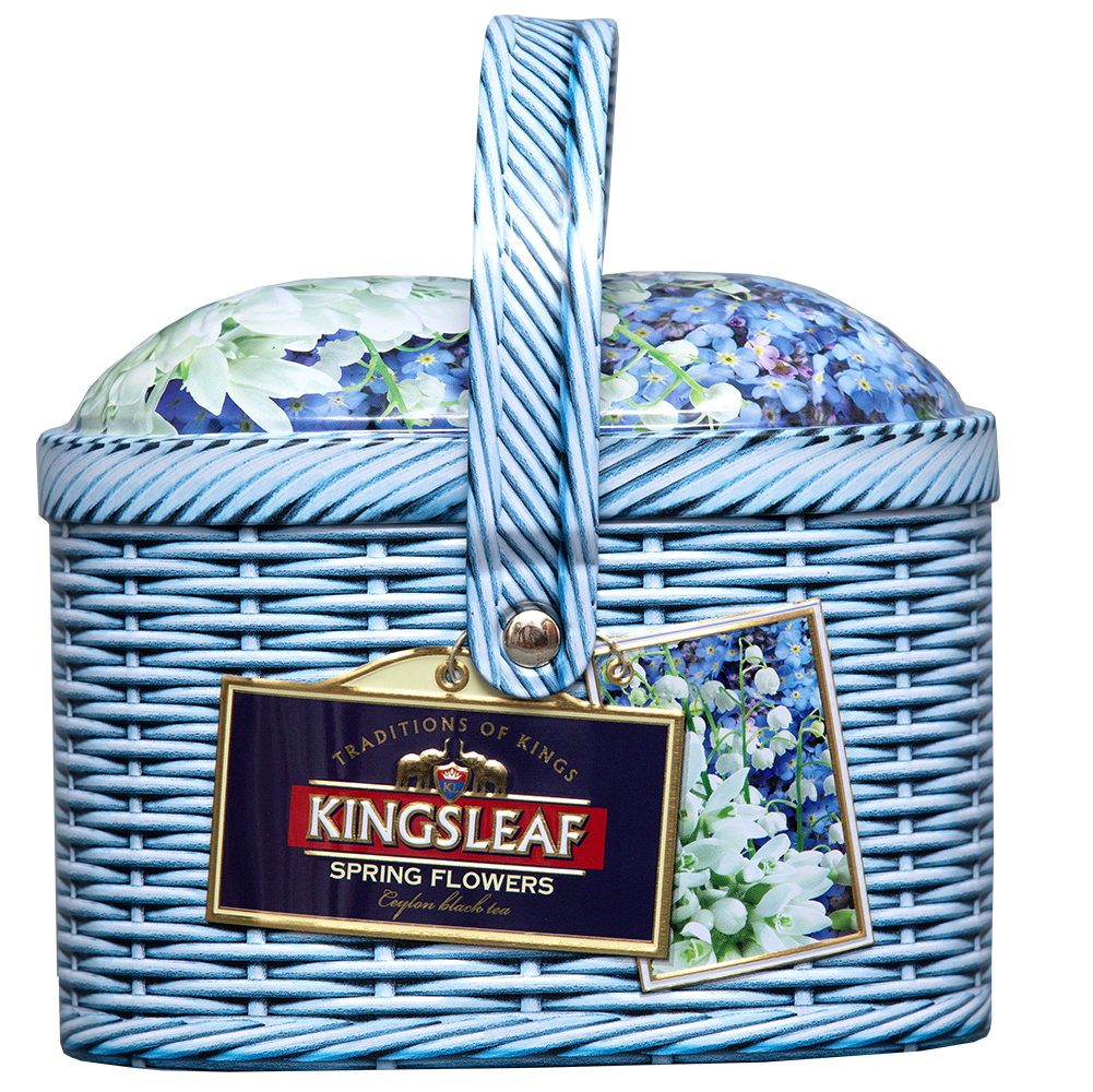 Kingsleaf Spring Flowers premium herbata cejlońska w eleganckiej niebieskiej puszce prezentowej 100 g.