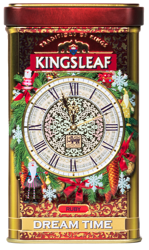 Złoto-czerwona puszka Kingsleaf Dream Time Ruby z motywem świątecznym, elegancka herbata cejlońska.
