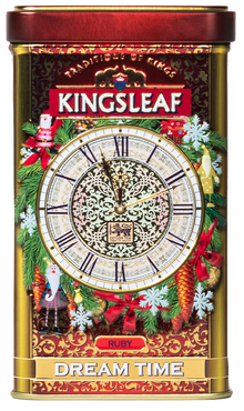 Złoto-czerwona puszka Kingsleaf Dream Time Ruby z motywem świątecznym, elegancka herbata cejlońska.
