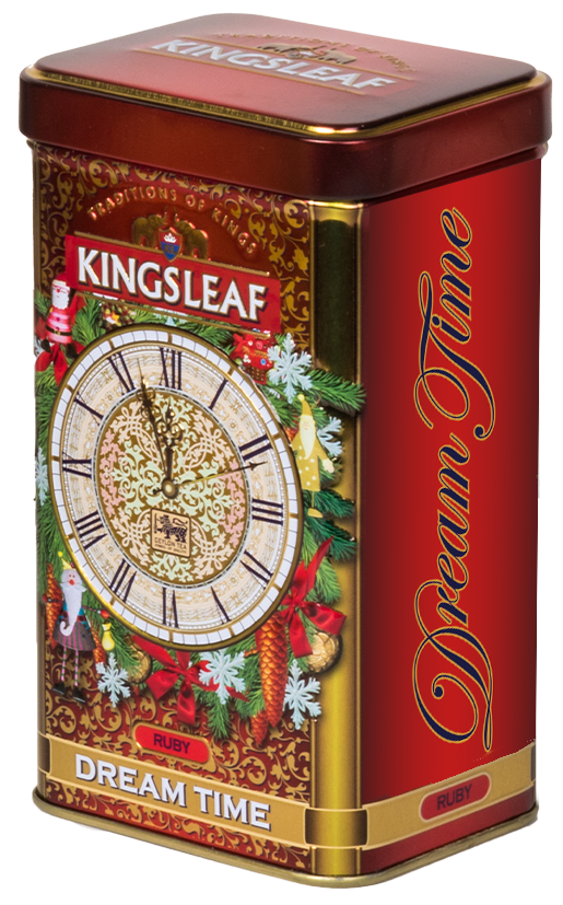Czarna herbata Kingsleaf Dream Time Ruby w świątecznej puszce, idealna na prezent dla miłośników herbaty.