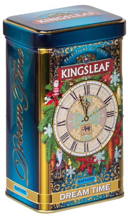 Kingsleaf Dream Time Saphire – ekskluzywna herbata cejlońska w dekoracyjnej puszce z motywem zegara.