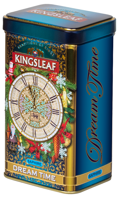 Metalowa puszka herbaty Kingsleaf Dream Time Saphire z ozdobnym zegarem i świątecznym motywem.