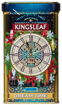 Elegancka puszka herbaty Kingsleaf Dream Time Saphire w odcieniach złota i granatu – idealna na prezent.