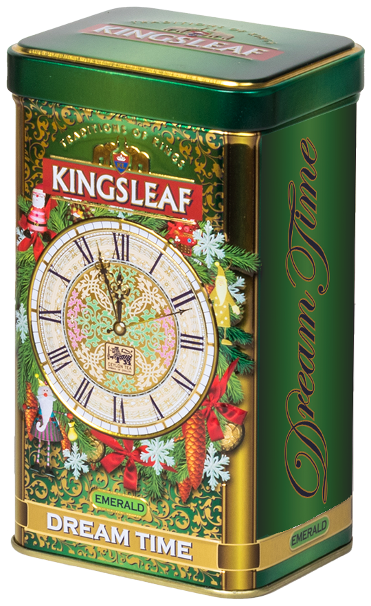 Metalowa puszka herbaty Kingsleaf Dream Time Emerald w kolorze zielonym ze złotymi zdobieniami.
