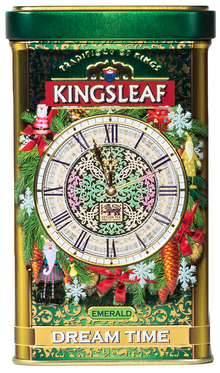 Puszka herbaty Kingsleaf Dream Time Emerald w eleganckich odcieniach zieleni i złota – idealna na prezent.