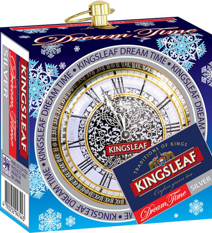Kingsleaf Dream Time Silver – ekskluzywna herbata cejlońska w srebrnym pudełku z motywem zegara.