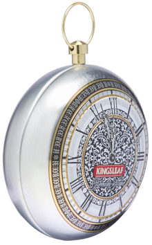 Metalowa puszka Kingsleaf Dream Time Silver w formie zegara kieszonkowego z uchwytem.