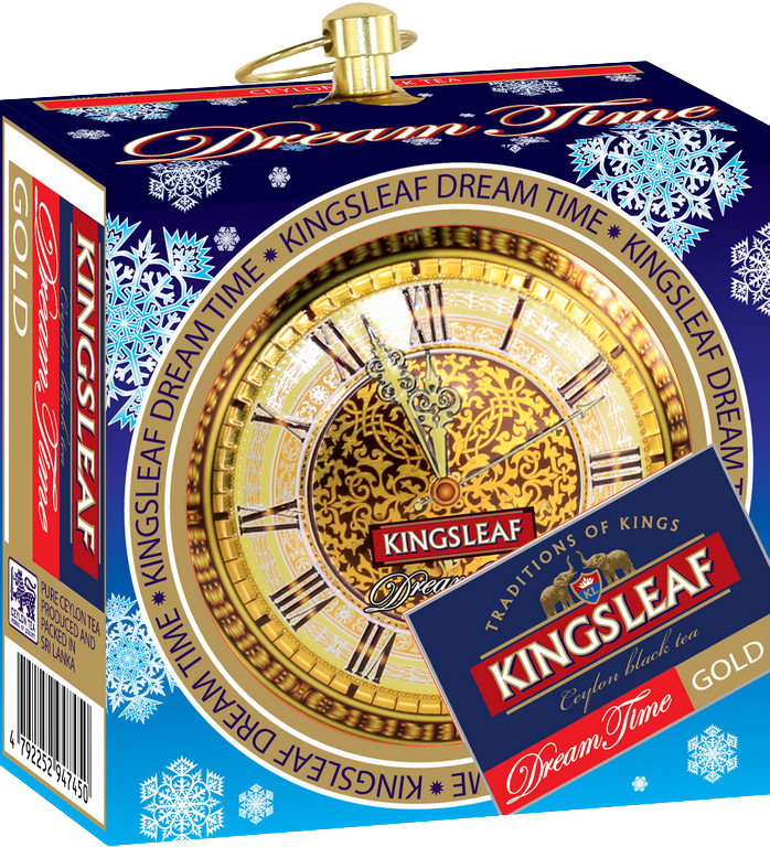 Opakowanie herbaty Kingsleaf Dream Time Gold w kolorach złota i granatu – luksusowa herbata na prezent.