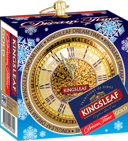 Opakowanie herbaty Kingsleaf Dream Time Gold w kolorach złota i granatu – luksusowa herbata na prezent.
