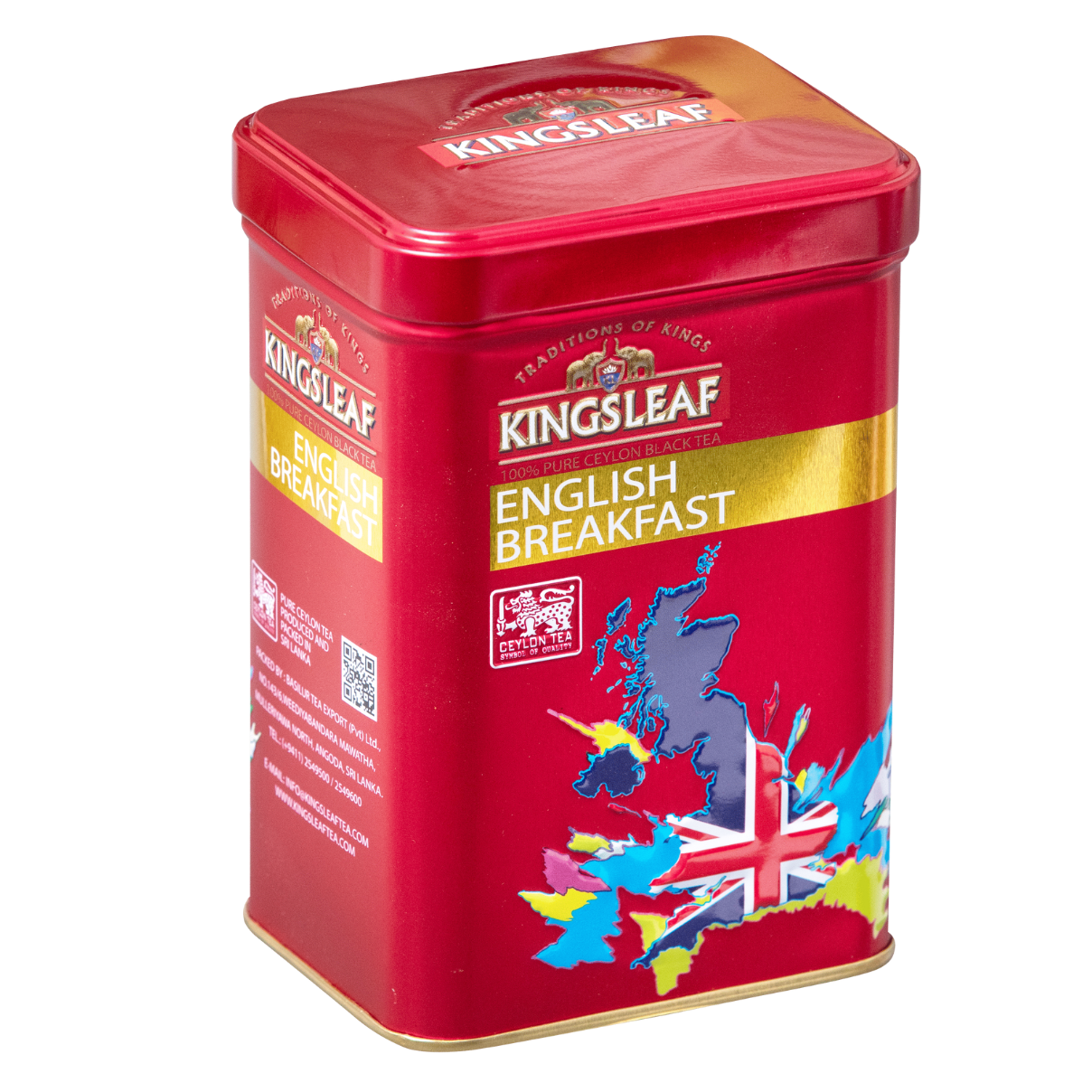 Czerwona puszka Kingsleaf English Breakfast z mapą Wielkiej Brytanii i motywem flagi przedstawiająca czarną herbatę cejlońską premium