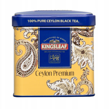Czarna herbata Kingsleaf Ceylon Premium Gold w eleganckiej metalowej puszce widok z przodu
