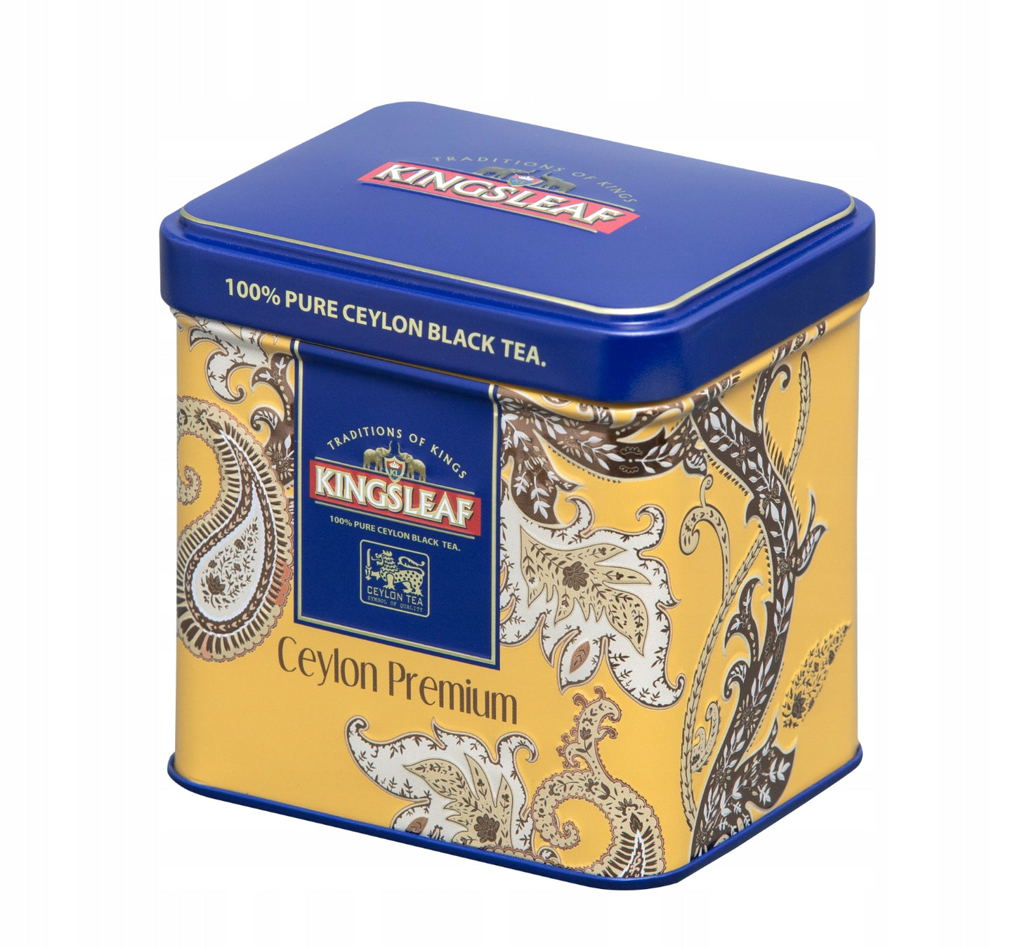 Herbata cejlońska Kingsleaf Ceylon Premium Gold puszka metalowa ujęcie pod kątem
