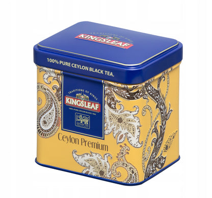 Herbata cejlońska Kingsleaf Ceylon Premium Gold puszka metalowa ujęcie pod kątem

