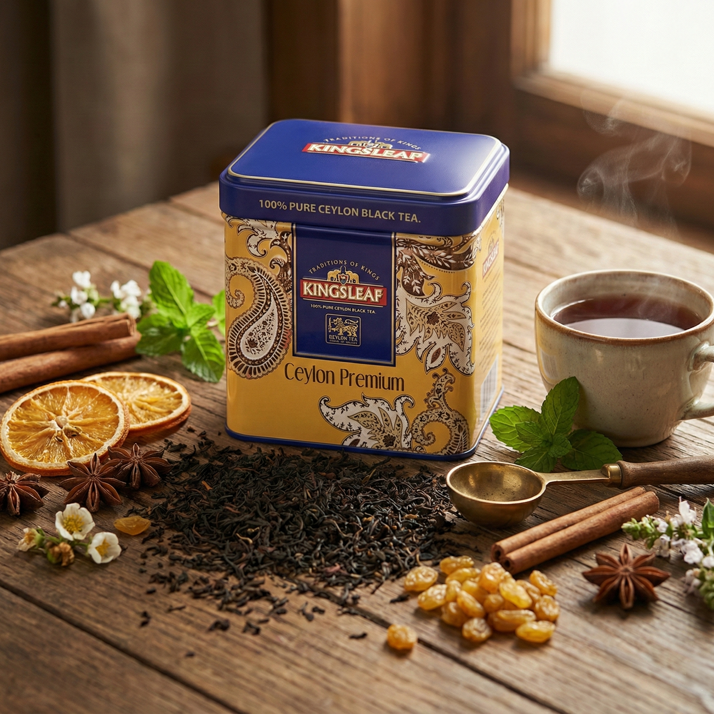 Puszka herbaty Kingsleaf Ceylon Premium Gold na drewnianym stole, obok filiżanka herbaty, liście mięty, przyprawy i suszone owoce