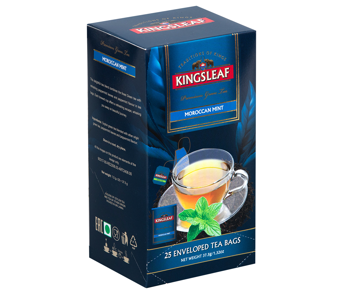 Opakowanie herbaty Kingsleaf Moroccan Mint zielona herbata z miętą w kopertach prezentowane na tle graficznych liści.