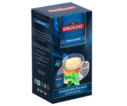 Opakowanie herbaty Kingsleaf Moroccan Mint zielona herbata z miętą w kopertach prezentowane na tle graficznych liści.