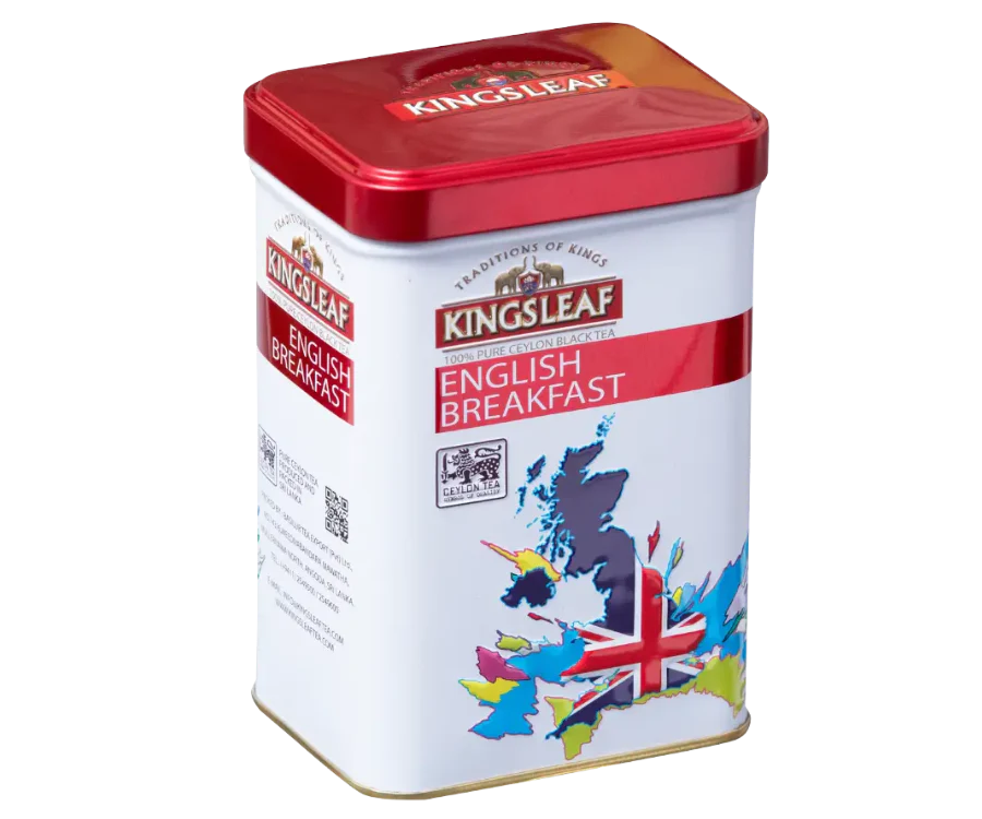 Herbata Kingsleaf English Breakfast w eleganckiej metalowej puszce z motywem brytyjskim, czarna herbata cejlońska.