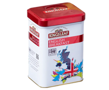 Herbata Kingsleaf English Breakfast w eleganckiej metalowej puszce z motywem brytyjskim, czarna herbata cejlońska.