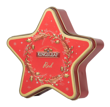 Herbata Kingsleaf Starlight Red w czerwonej puszce w kształcie gwiazdy, czarna herbata cejlońska premium.