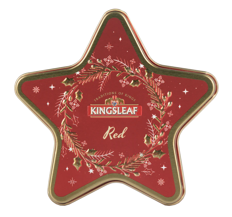 Czerwona puszka w kształcie gwiazdy z herbatą Kingsleaf Starlight Red, elegancka herbata cejlońska 30 g.
