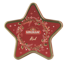Czerwona puszka w kształcie gwiazdy z herbatą Kingsleaf Starlight Red, elegancka herbata cejlońska 30 g.
