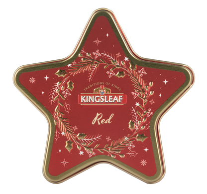 Czerwona puszka w kształcie gwiazdy z herbatą Kingsleaf Starlight Red, elegancka herbata cejlońska 30 g.
