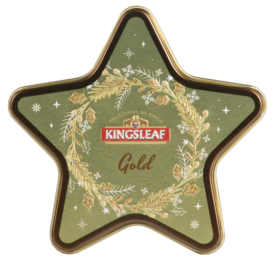 Złota puszka w kształcie gwiazdy z herbatą Kingsleaf Starlight Gold, elegancka herbata cejlońska 30 g.
