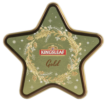 Złota puszka w kształcie gwiazdy z herbatą Kingsleaf Starlight Gold, elegancka herbata cejlońska 30 g.
