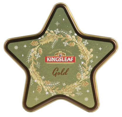 Złota puszka w kształcie gwiazdy z herbatą Kingsleaf Starlight Gold, elegancka herbata cejlońska 30 g.
