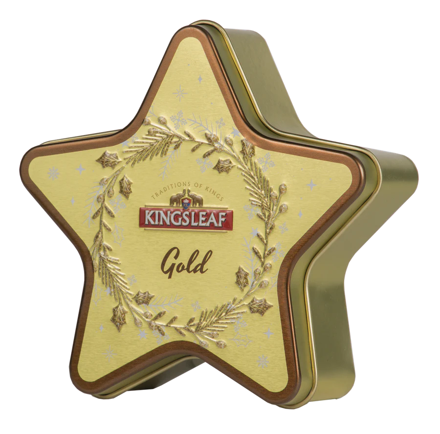 Herbata Kingsleaf Starlight Gold w złotej puszce w kształcie gwiazdy, czarna herbata cejlońska premium.