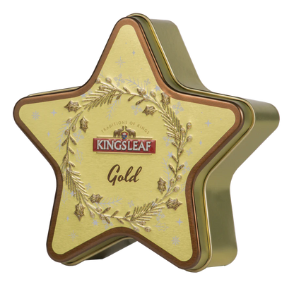 Herbata Kingsleaf Starlight Gold w złotej puszce w kształcie gwiazdy, czarna herbata cejlońska premium.