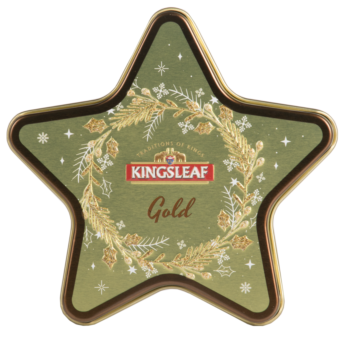 Herbata Kingsleaf Starlight Gold w złotej puszce w kształcie gwiazdy, czarna herbata cejlońska premium.