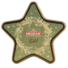 Herbata Kingsleaf Starlight Gold w złotej puszce w kształcie gwiazdy, czarna herbata cejlońska premium.