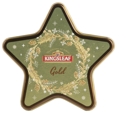 Herbata Kingsleaf Starlight Gold w złotej puszce w kształcie gwiazdy, czarna herbata cejlońska premium.
