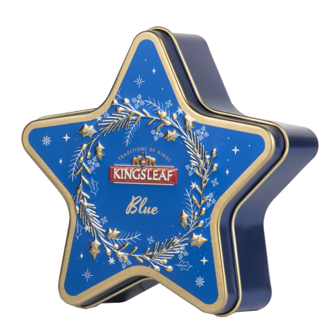 Niebieska puszka w kształcie gwiazdy z herbatą Kingsleaf Starlight Blue, elegancka herbata cejlońska 30 g.
