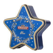 Niebieska puszka w kształcie gwiazdy z herbatą Kingsleaf Starlight Blue, elegancka herbata cejlońska 30 g.
