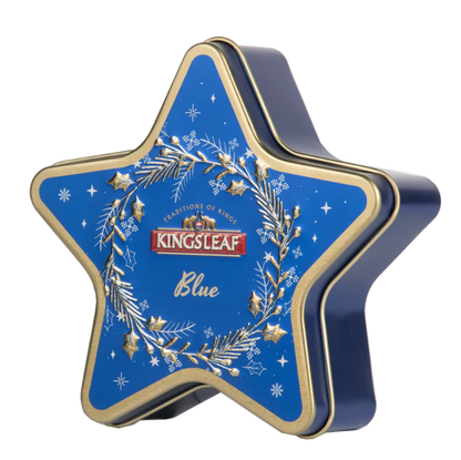 Niebieska puszka w kształcie gwiazdy z herbatą Kingsleaf Starlight Blue, elegancka herbata cejlońska 30 g.
