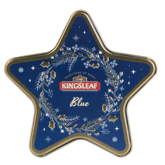 Herbata Kingsleaf Starlight Blue w granatowej puszce w kształcie gwiazdy, czarna herbata cejlońska premium.