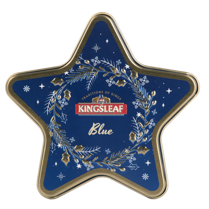 Herbata Kingsleaf Starlight Blue w granatowej puszce w kształcie gwiazdy, czarna herbata cejlońska premium.