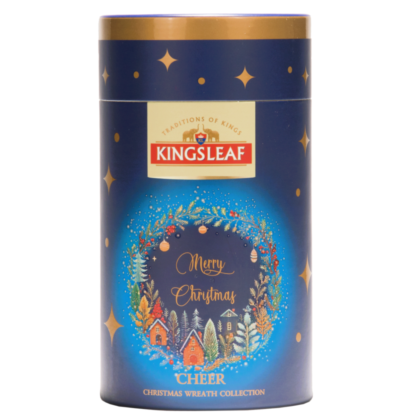 Granatowa tuba Kingsleaf Cheer z czarną herbatą liściastą z Cejlonu, świątecznym wieńcem i napisem Merry Christmas na froncie opakowania.